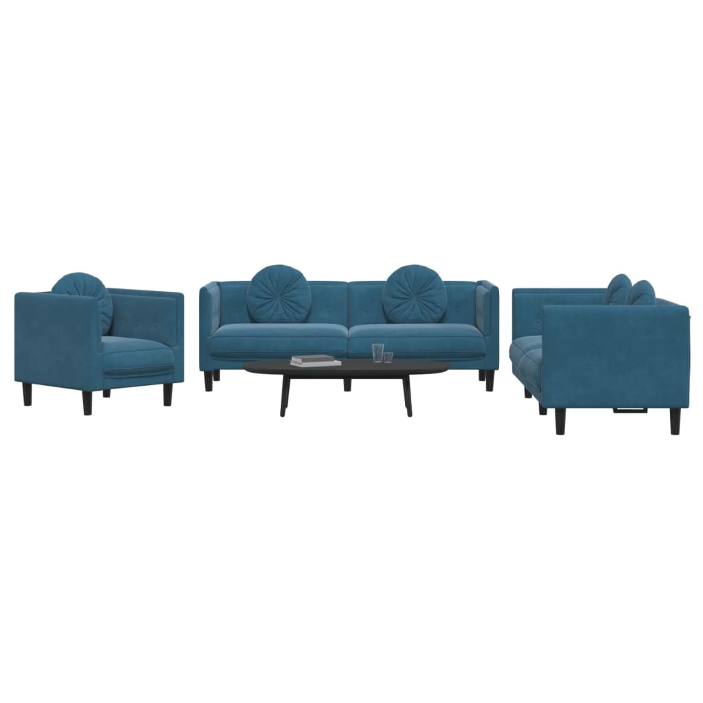 Set di Divani 3 pz con Cuscini Blu in Velluto