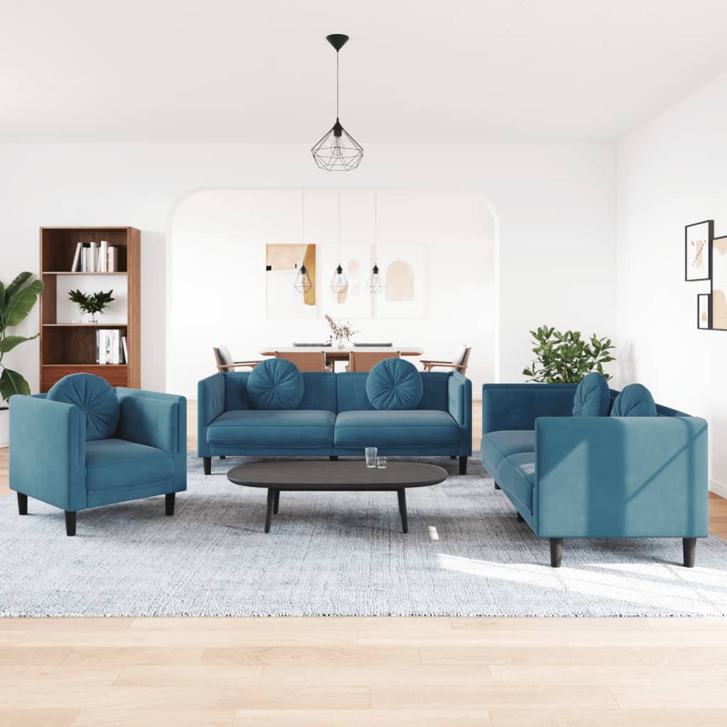 Set di Divani 3 pz con Cuscini Blu in Velluto