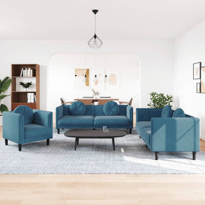 Set di Divani 3 pz con Cuscini Blu in Velluto