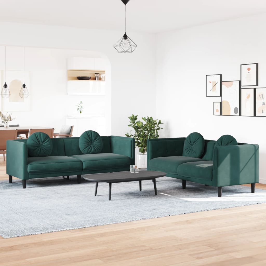 Set di Divani 2 pz con Cuscini Verde scuro in Velluto