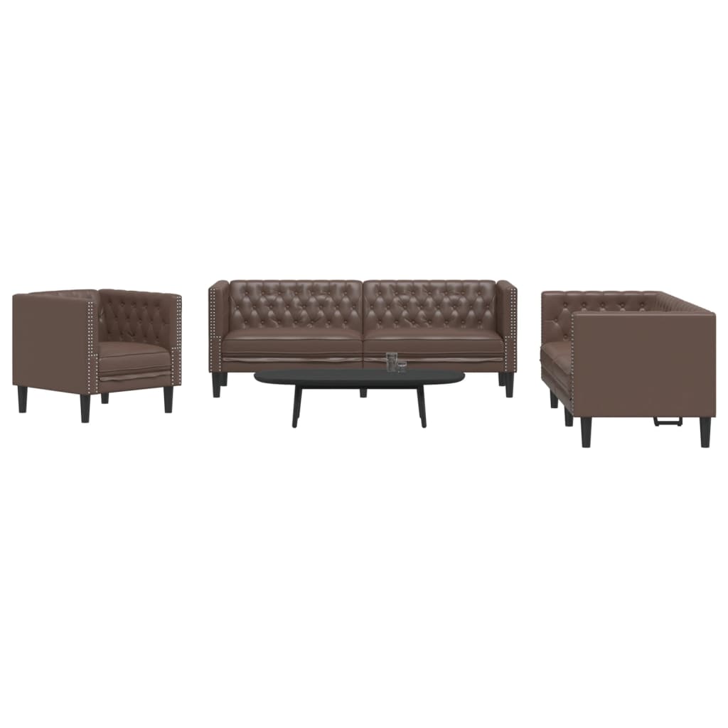 Set Divani Chesterfield 3pz Marrone in Similpelle