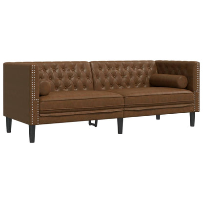 Divani Chesterfield 3pz Cuscini Marrone Similpelle Scamosciata