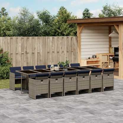 Set da Pranzo da Giardino 13pz con Cuscini Grigio in Polyrattan
