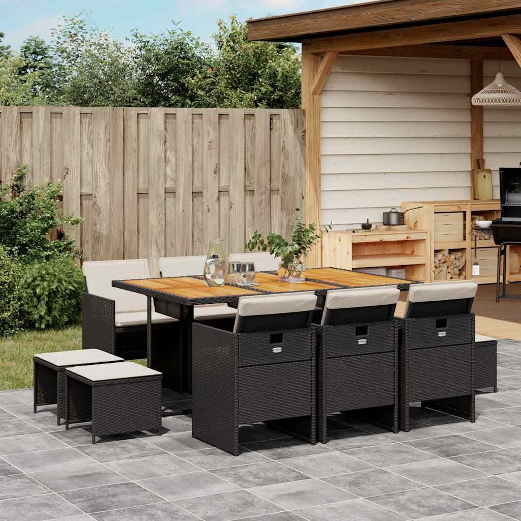 Set da Pranzo da Giardino 11 pz con Cuscini in Polyrattan Nero
