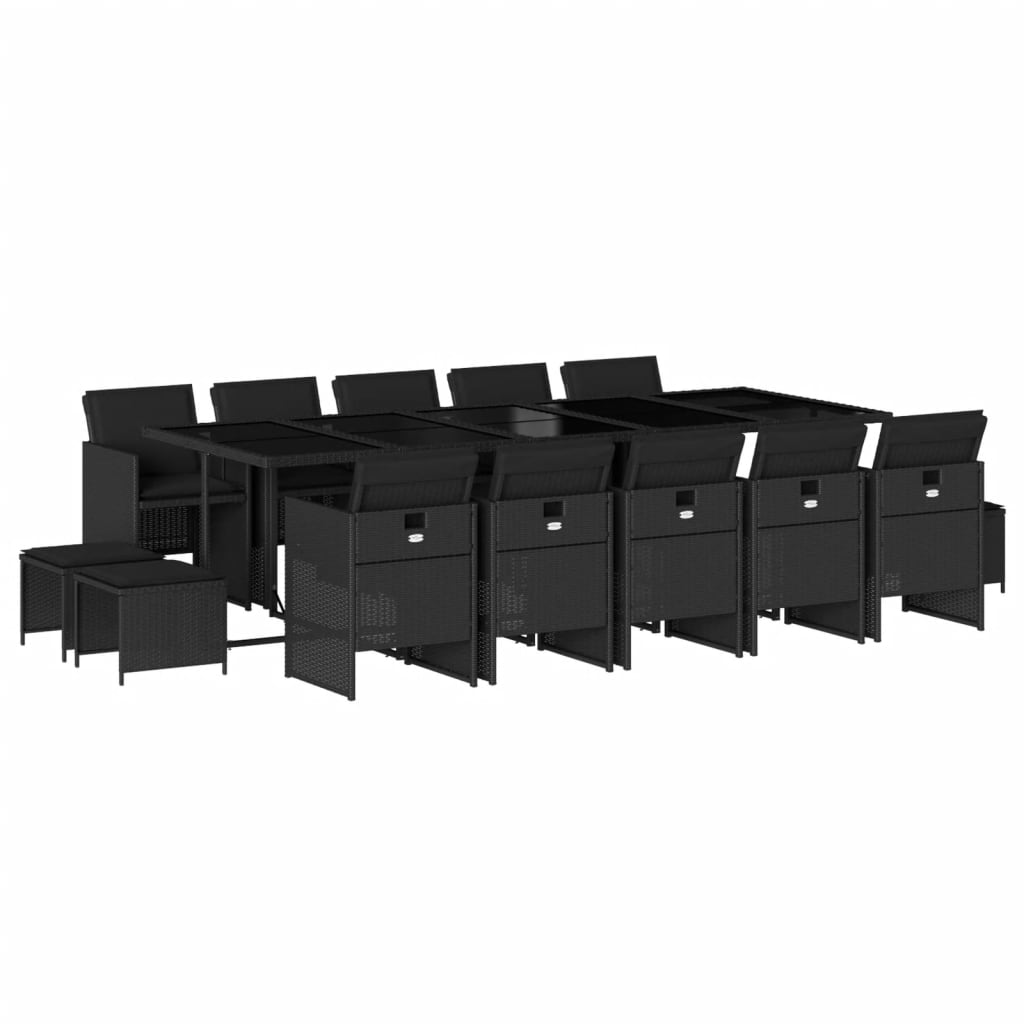 Set da Pranzo da Giardino 15 pz con Cuscini Nero in Polyrattan