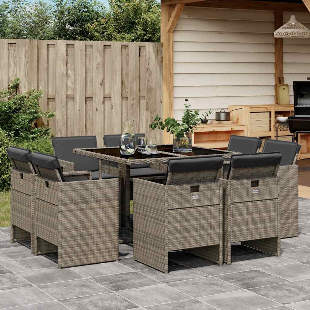 Set da Pranzo da Giardino 9 pz con Cuscini in Polyrattan Grigio