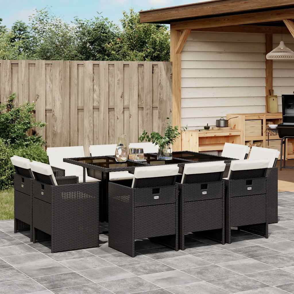 Set da Pranzo da Giardino 11 pz con Cuscini in Polyrattan Nero