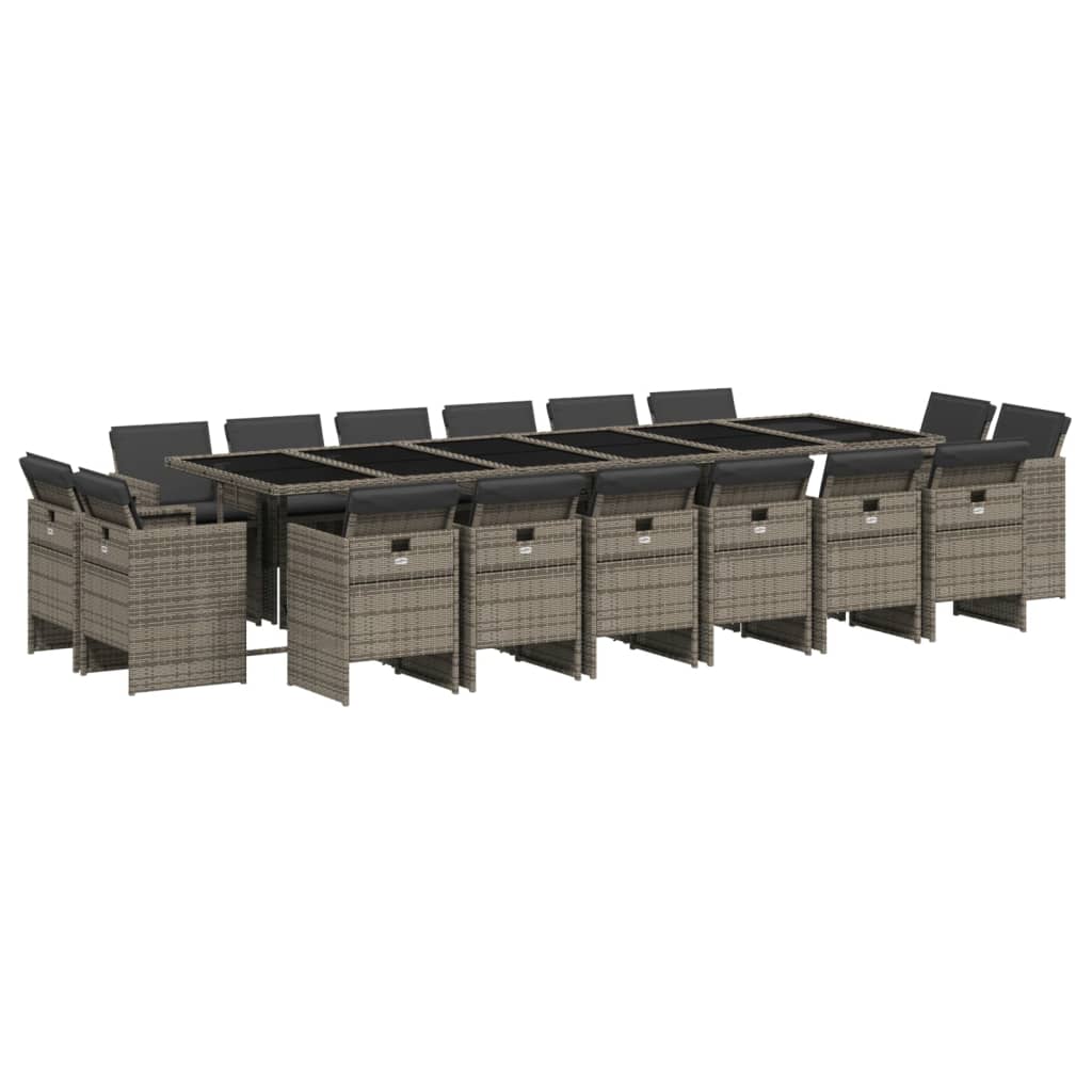 Set da Pranzo da Giardino 17pz con Cuscini Grigio in Polyrattan
