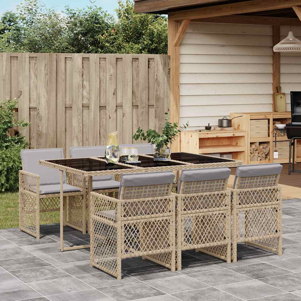 Set da Pranzo da Giardino 7 pz con Cuscini Beige in Polyrattan