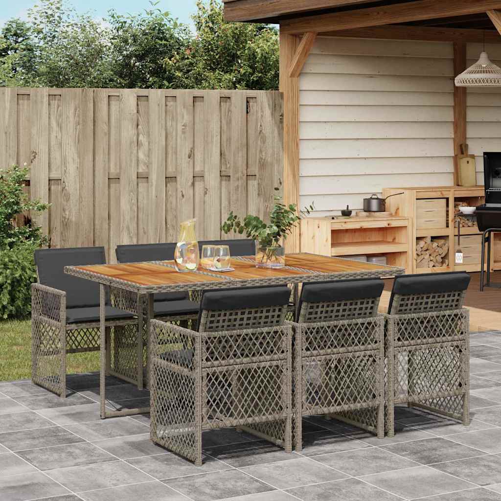 Set da Pranzo da Giardino 7 pz con Cuscini in Polyrattan Grigio