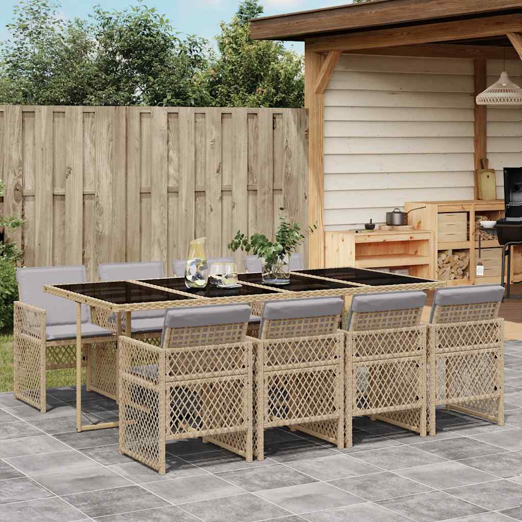 Set da Pranzo da Giardino 9 pz con Cuscini Beige in Polyrattan