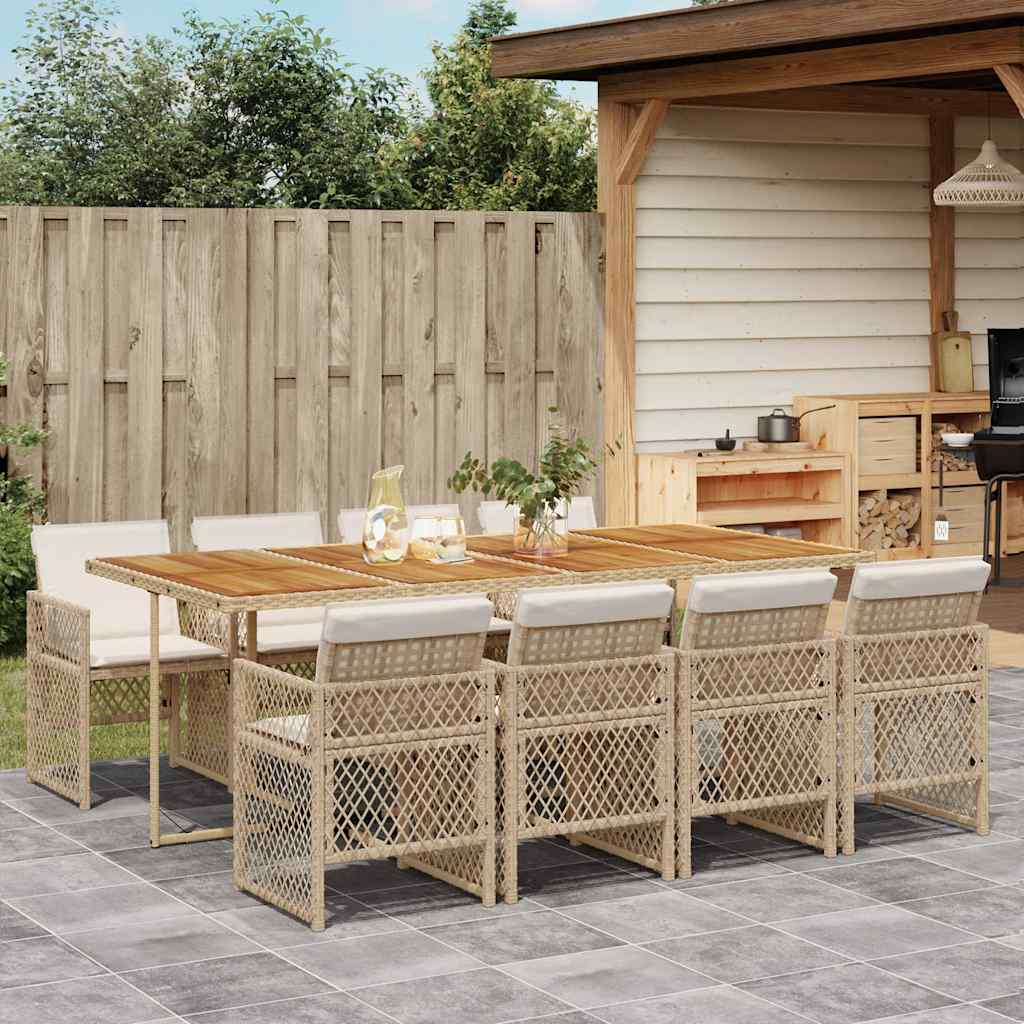 Set da Pranzo da Giardino 9 pz con Cuscini Beige in Polyrattan
