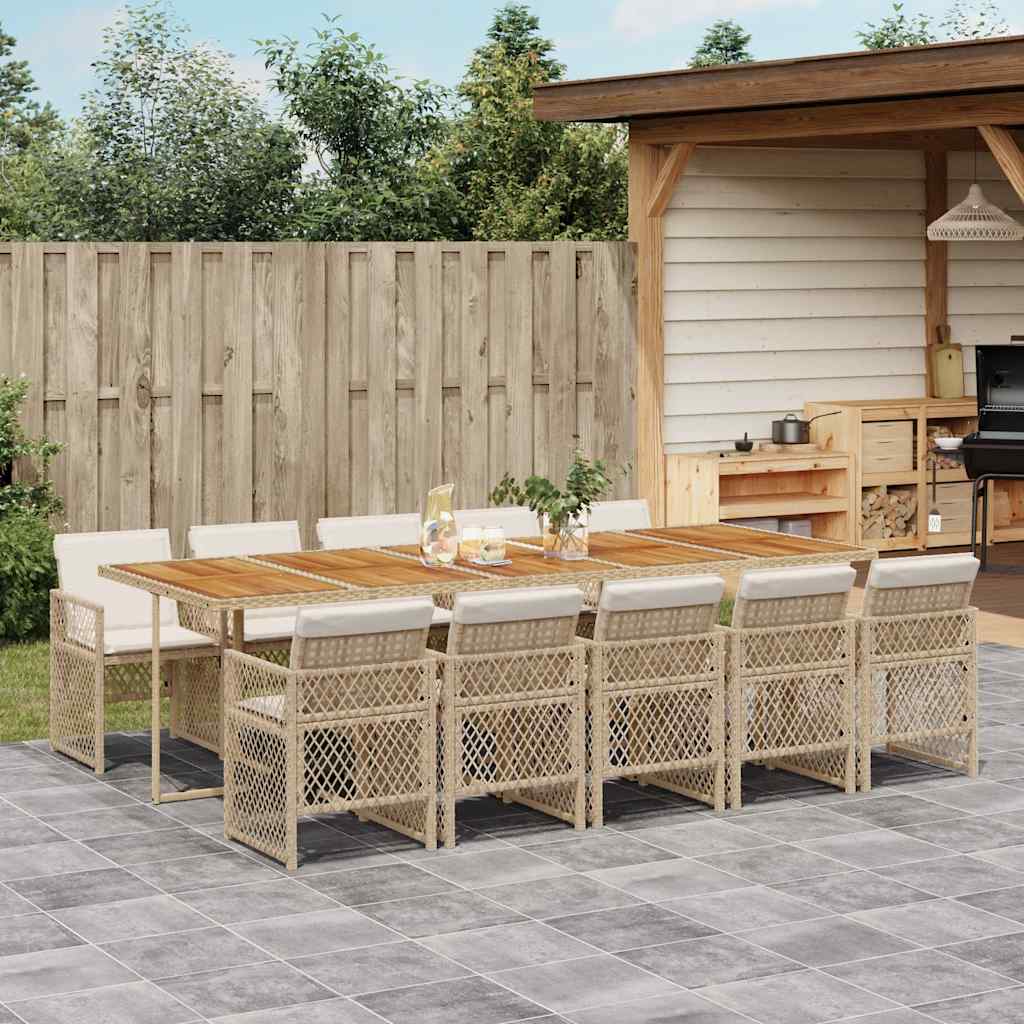 Set da Pranzo da Giardino 11 pz con Cuscini Beige in Polyrattan