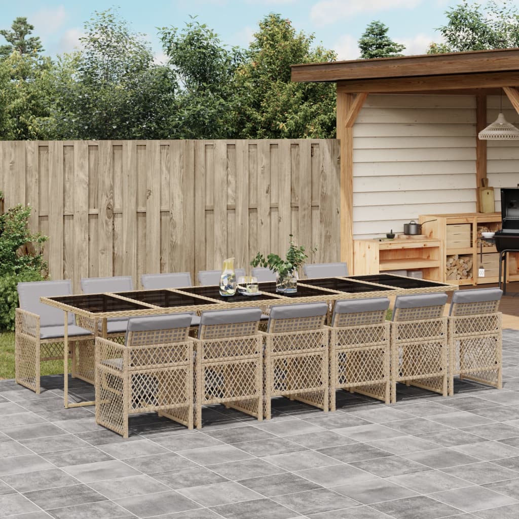 Set da Pranzo da Giardino 13 pz con Cuscini Beige in Polyrattan