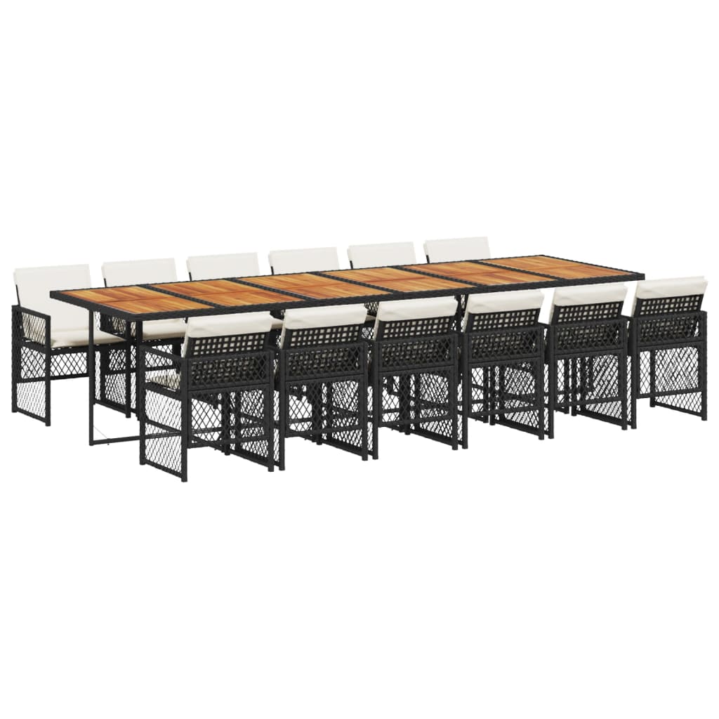 Set da Pranzo da Giardino 13pz con Cuscini Nero in Polyrattan