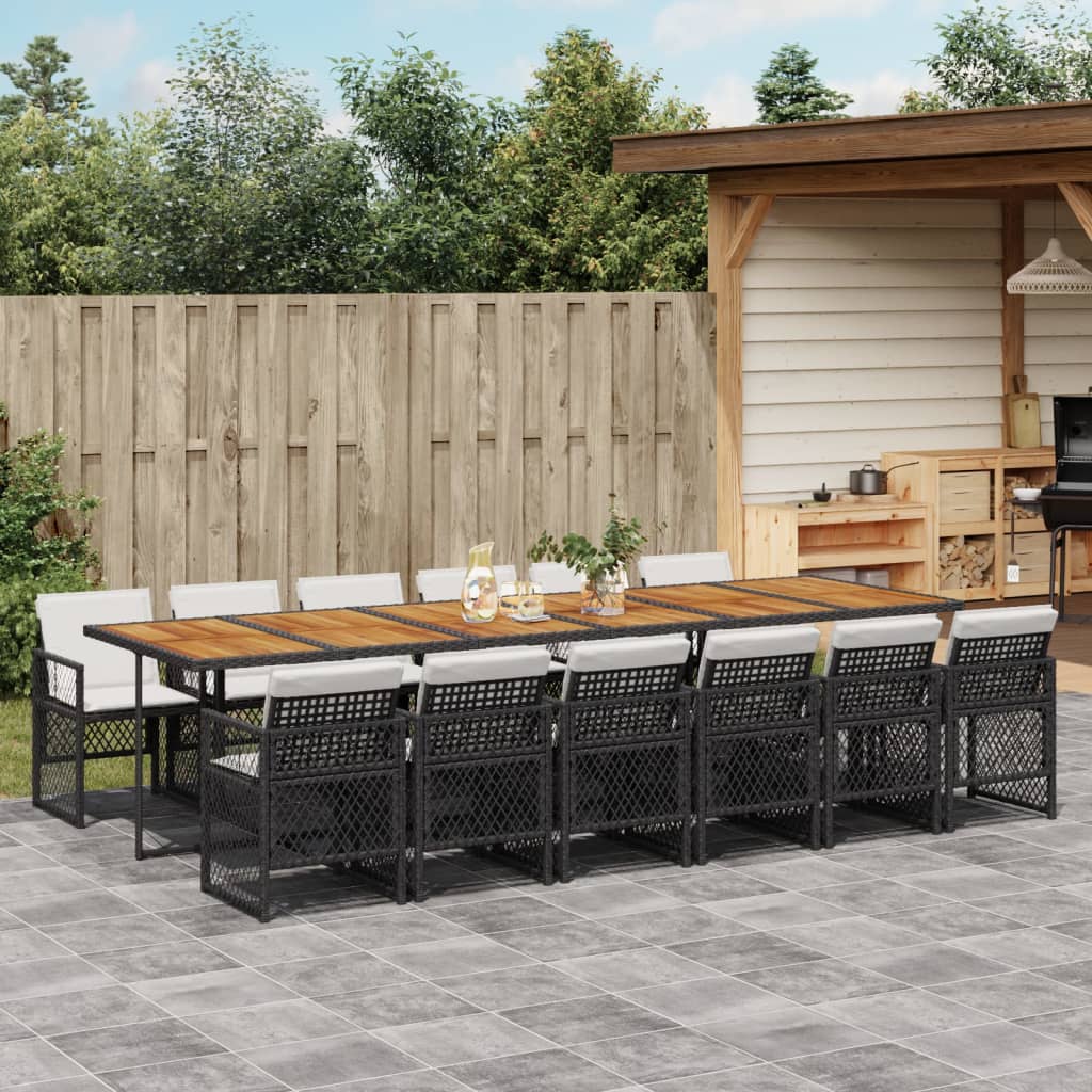 Set da Pranzo da Giardino 13pz con Cuscini Nero in Polyrattan