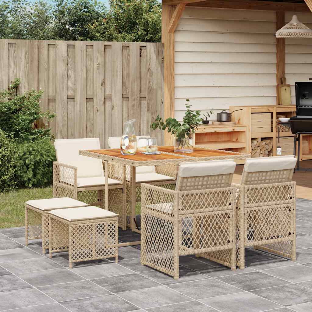 Set da Pranzo da Giardino 9 pz con Cuscini Beige in Polyrattan