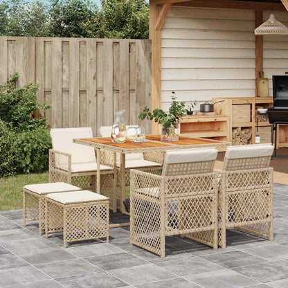 Set da Pranzo da Giardino 9 pz con Cuscini Beige in Polyrattan