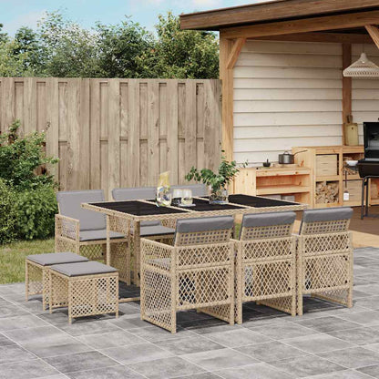 Set da Pranzo da Giardino 11 pz con Cuscini Beige in Polyrattan