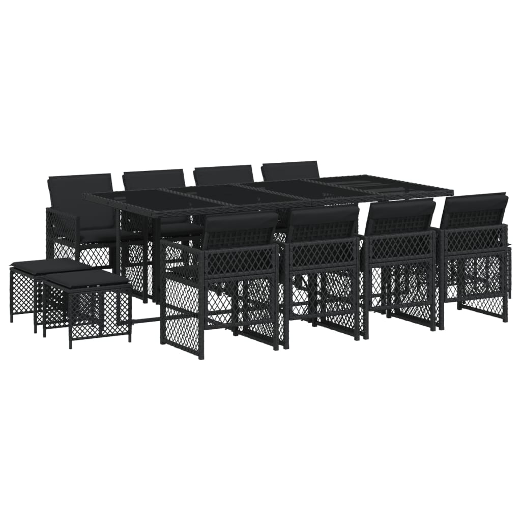Set da Pranzo da Giardino 13pz con Cuscini Nero in Polyrattan
