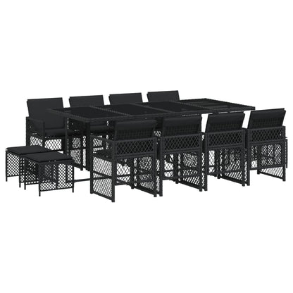 Set da Pranzo da Giardino 13pz con Cuscini Nero in Polyrattan
