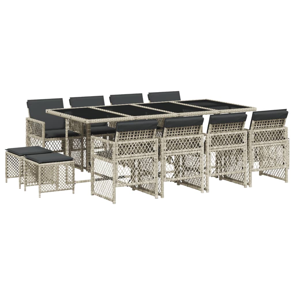 Set da Pranzo da Giardino 13pz con Cuscini Grigio in Polyrattan