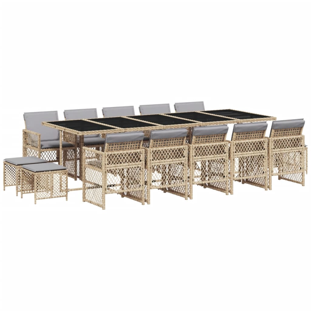 Set da Pranzo da Giardino 15 pz con Cuscini Beige in Polyrattan
