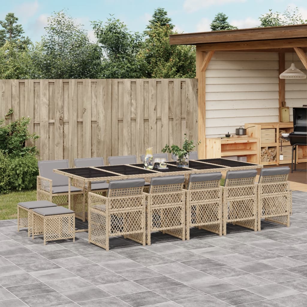 Set da Pranzo da Giardino 15 pz con Cuscini Beige in Polyrattan
