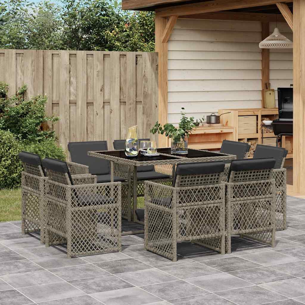 Set da Pranzo da Giardino 9 pz con Cuscini in Polyrattan Grigio
