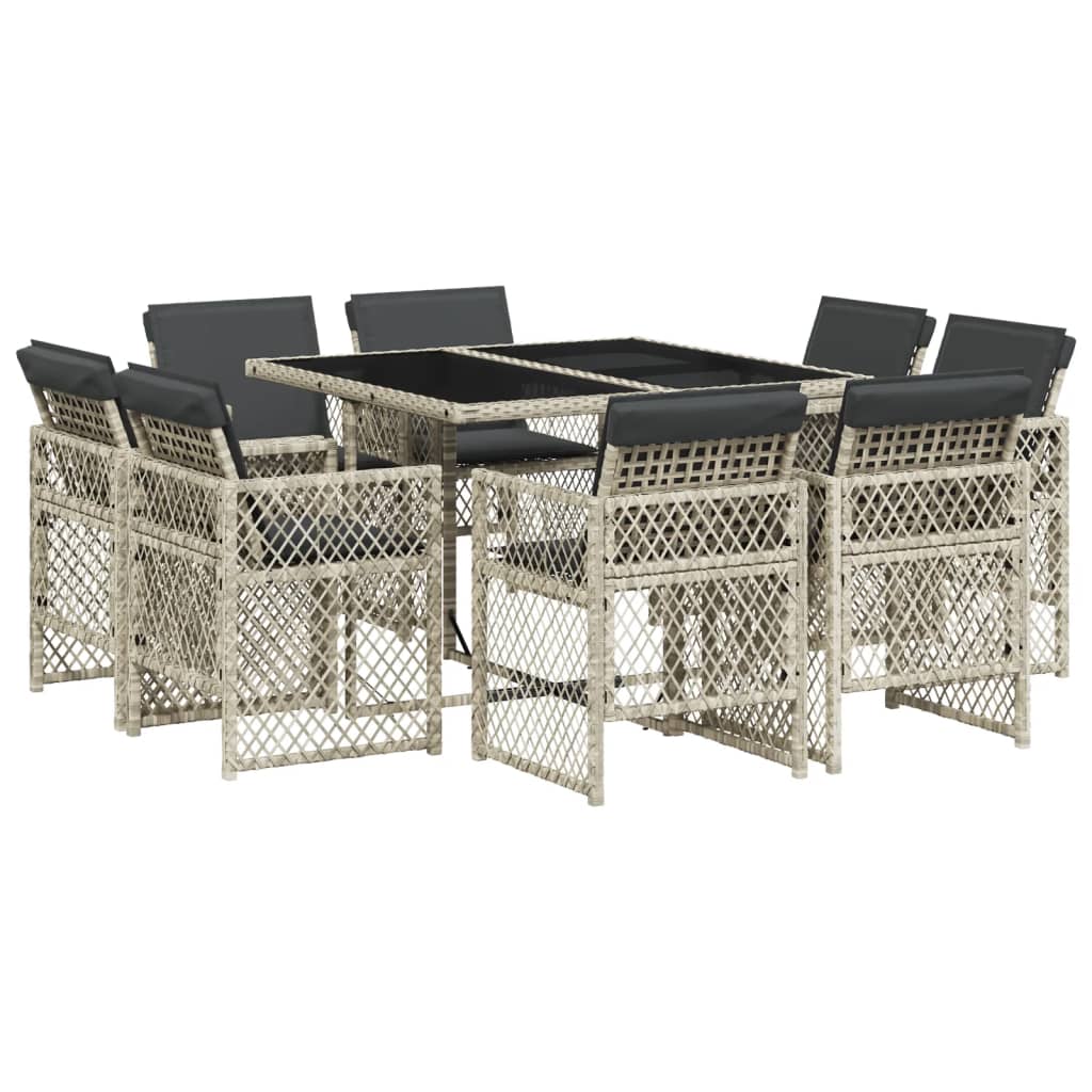 Set Pranzo da Giardino 9pz con Cuscini Grigio Chiaro Polyrattan