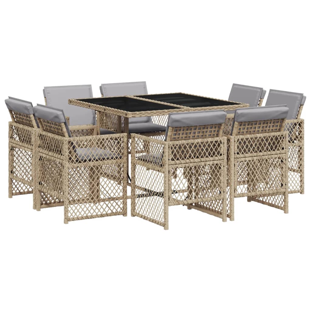 Set Pranzo da Giardino 9 pz con Cuscini Beige Misto Polyrattan