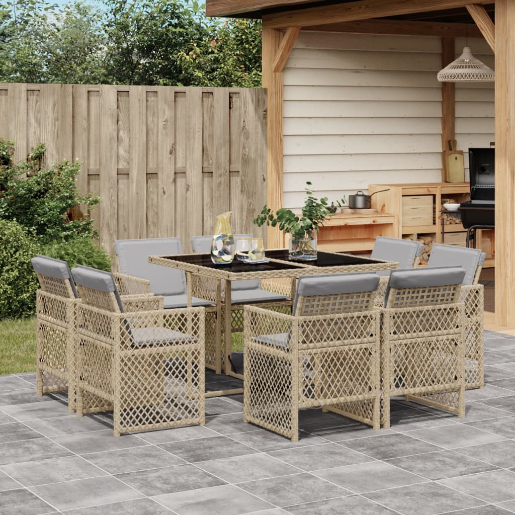 Set Pranzo da Giardino 9 pz con Cuscini Beige Misto Polyrattan
