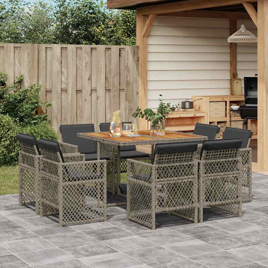 Set da Pranzo da Giardino 9 pz con Cuscini in Polyrattan Grigio