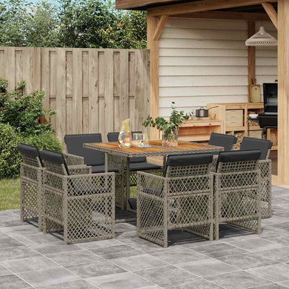 Set da Pranzo da Giardino 9 pz con Cuscini in Polyrattan Grigio