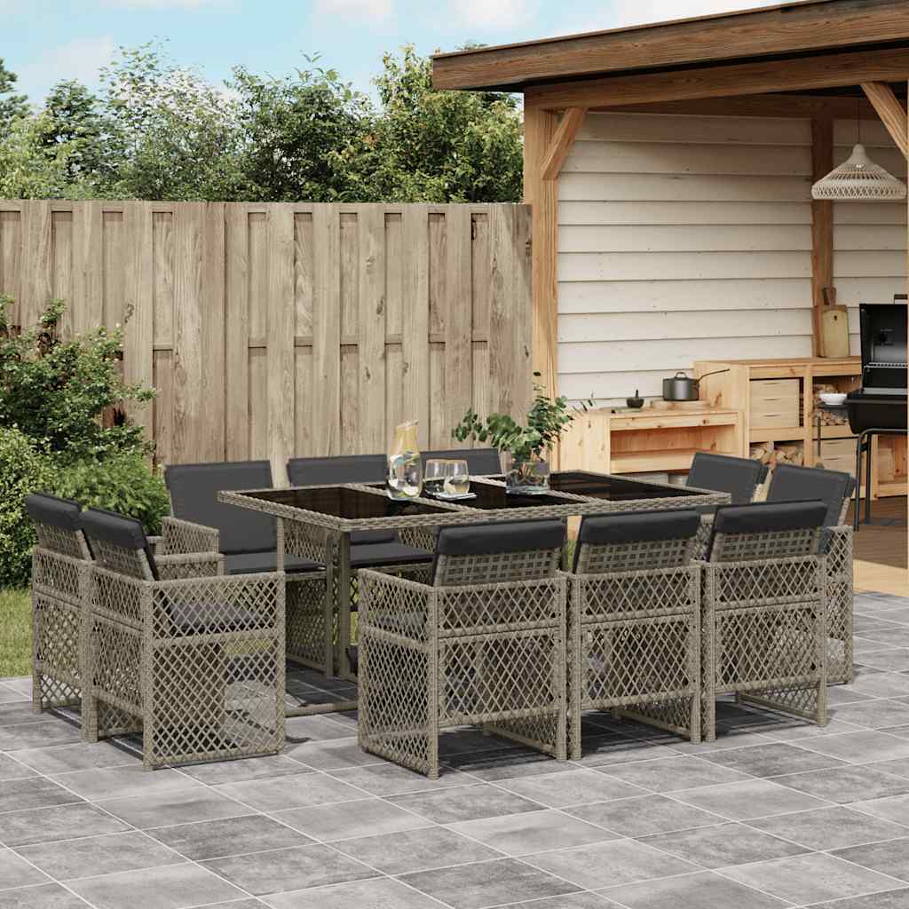 Set da Pranzo da Giardino 11pz con Cuscini in Polyrattan Grigio