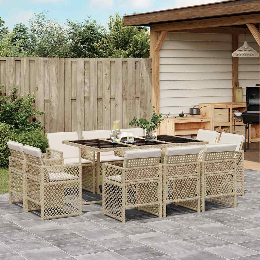 Set da Pranzo da Giardino 11 pz con Cuscini Beige in Polyrattan