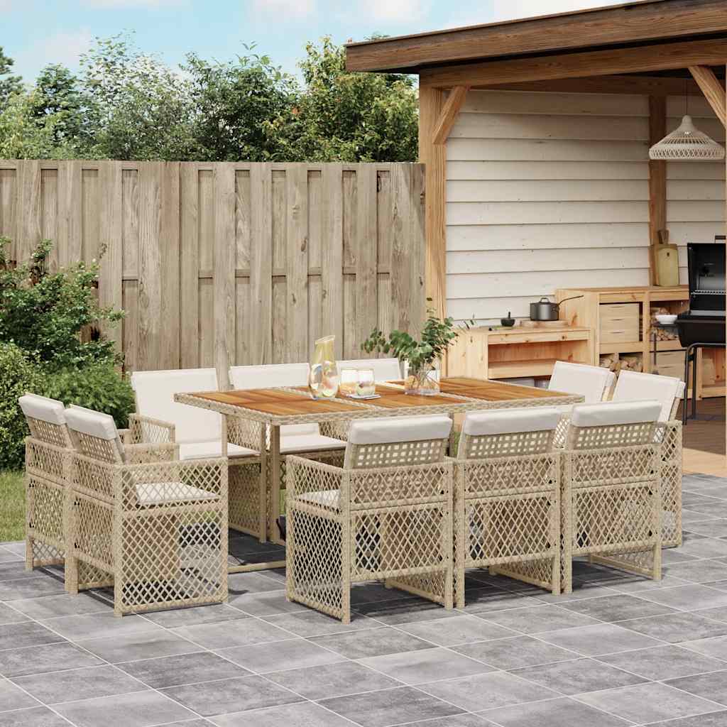 Set da Pranzo da Giardino 11 pz con Cuscini Beige in Polyrattan