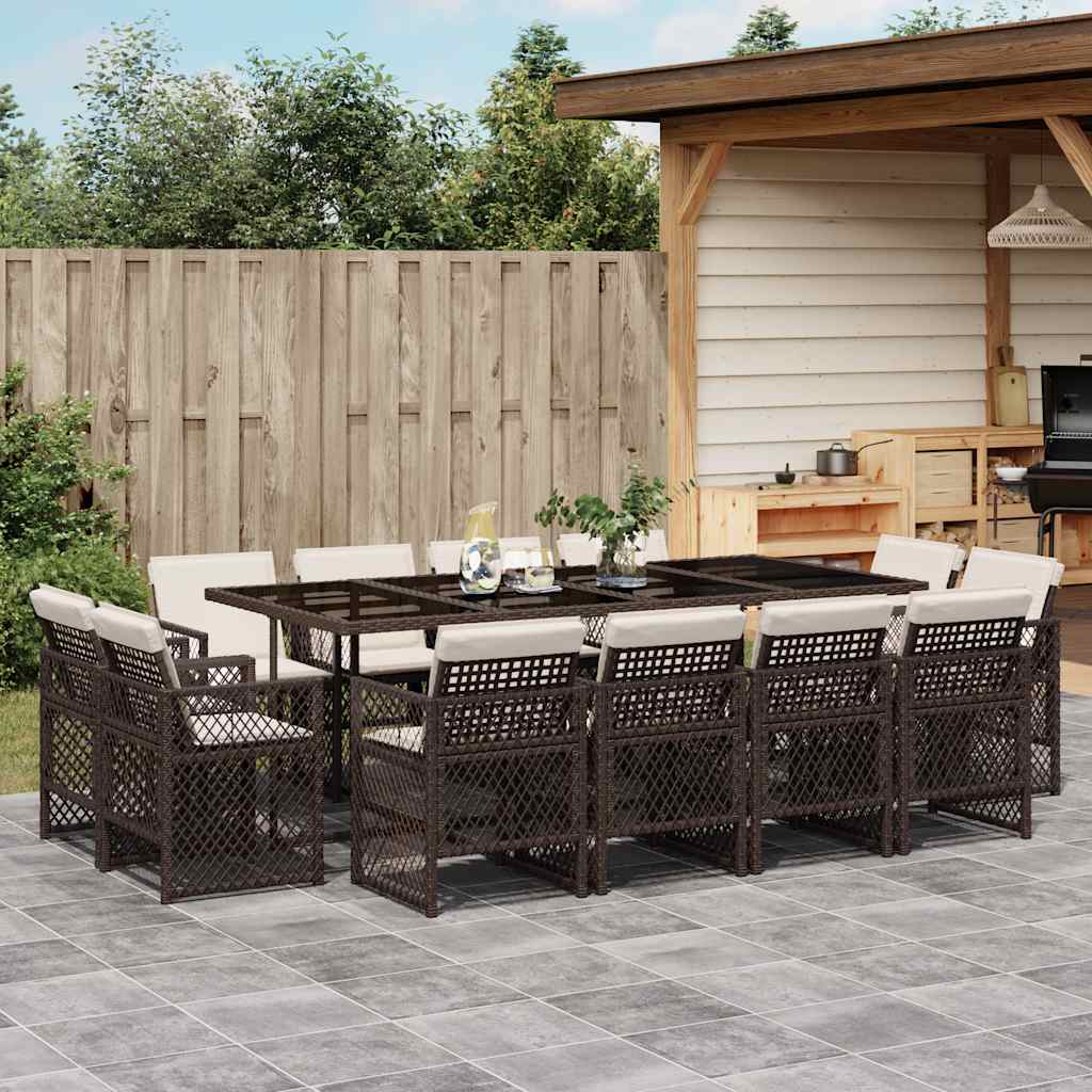 Set da Pranzo da Giardino 13pz con Cuscini Marrone Polyrattan