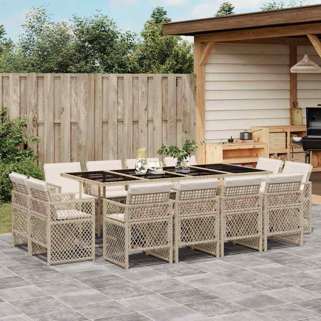 Set da Pranzo da Giardino 13 pz con Cuscini Beige in Polyrattan