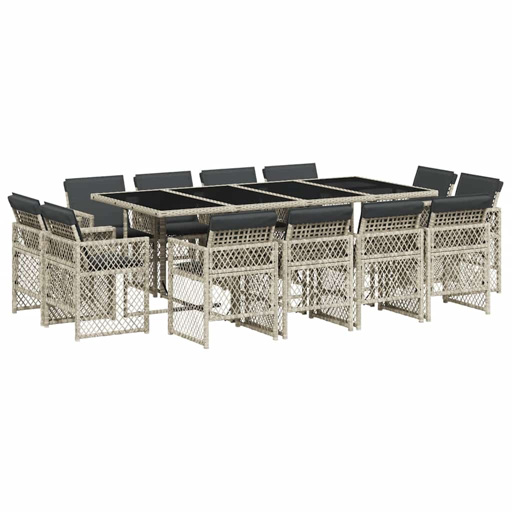 Set da Pranzo da Giardino 13pz con Cuscini Grigio in Polyrattan