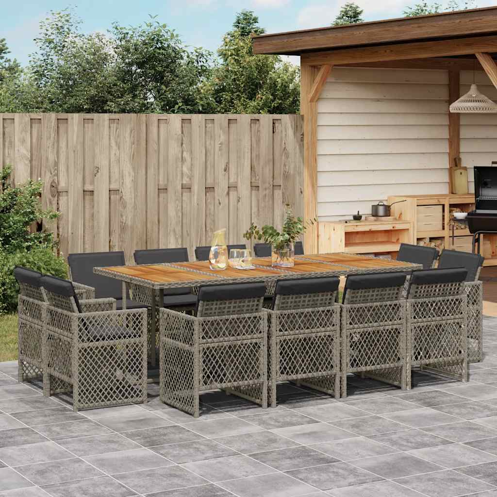Set da Pranzo da Giardino 13pz con Cuscini Grigio in Polyrattan