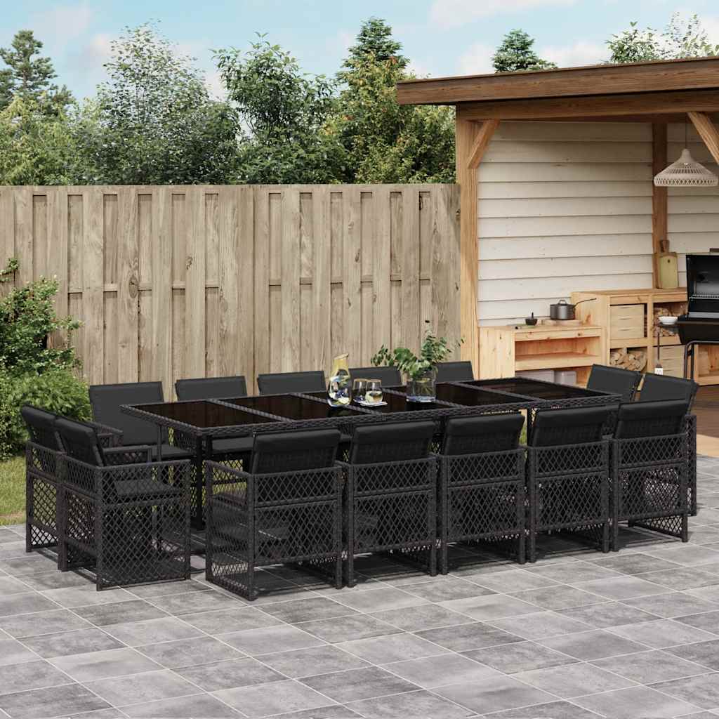 Set da Pranzo da Giardino 15 pz con Cuscini Nero in Polyrattan