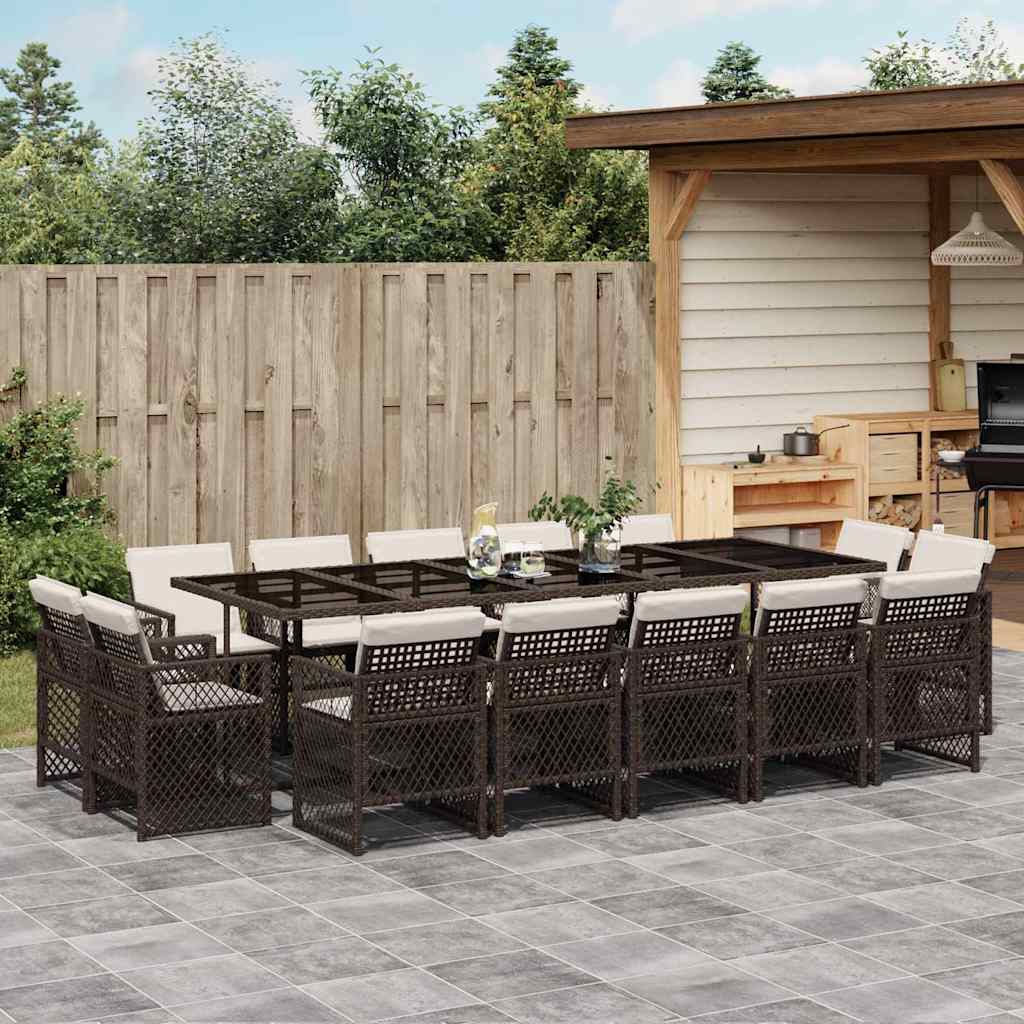 Set da Pranzo da Giardino 15 pz con Cuscini Marrone Polyrattan
