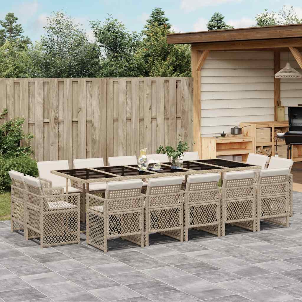 Set da Pranzo da Giardino 15 pz con Cuscini Beige in Polyrattan