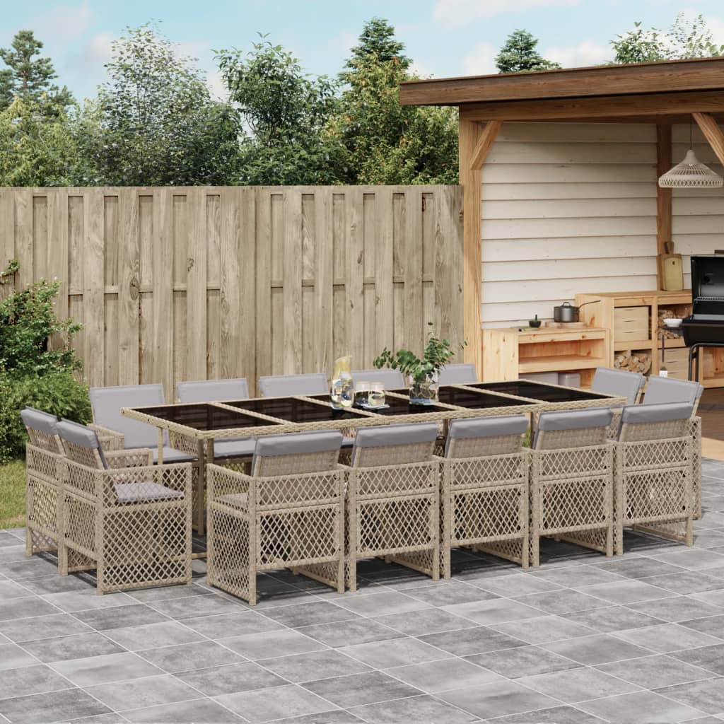 Set Pranzo da Giardino 15 pz con Cuscini Beige Misto Polyrattan