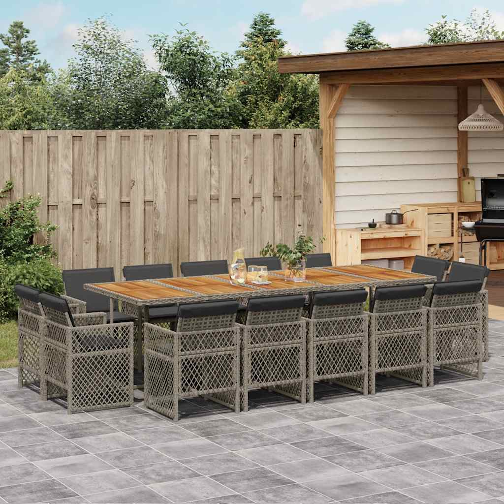 Set da Pranzo da Giardino 15 pz con Cuscini Grigio Polyrattan