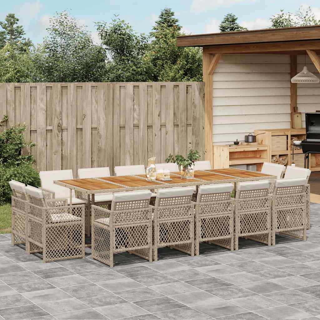 Set da Pranzo da Giardino 15 pz con Cuscini Beige in Polyrattan