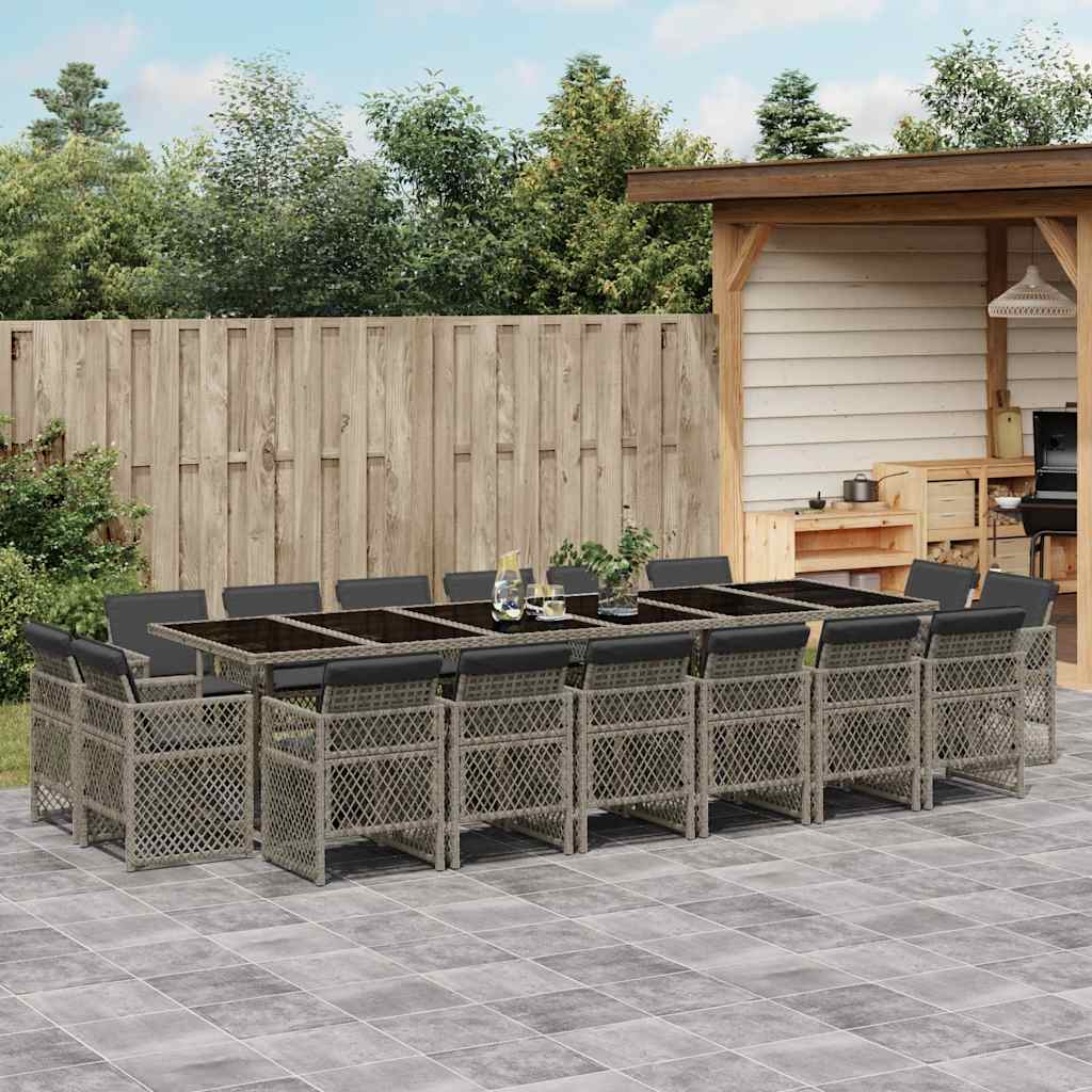 Set da Pranzo da Giardino 17pz con Cuscini Grigio in Polyrattan