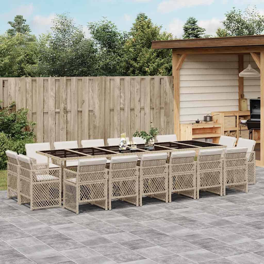Set da Pranzo da Giardino 17 pz con Cuscini Beige in Polyrattan
