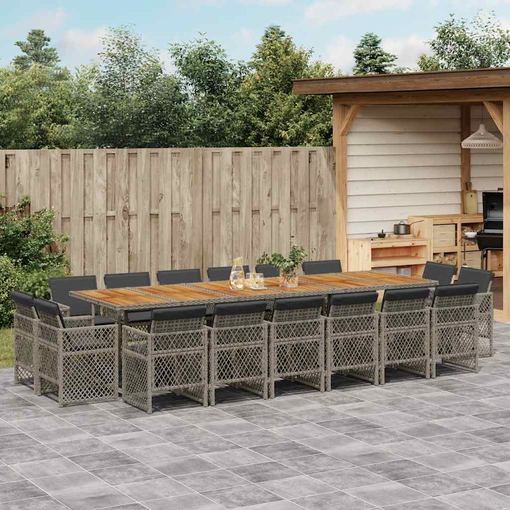 Set da Pranzo da Giardino 17pz con Cuscini Grigio in Polyrattan